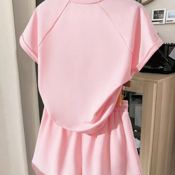 Pink Casual Women's Versatile Shorts & Short Sleeve Top Set - Picture 2 of 7